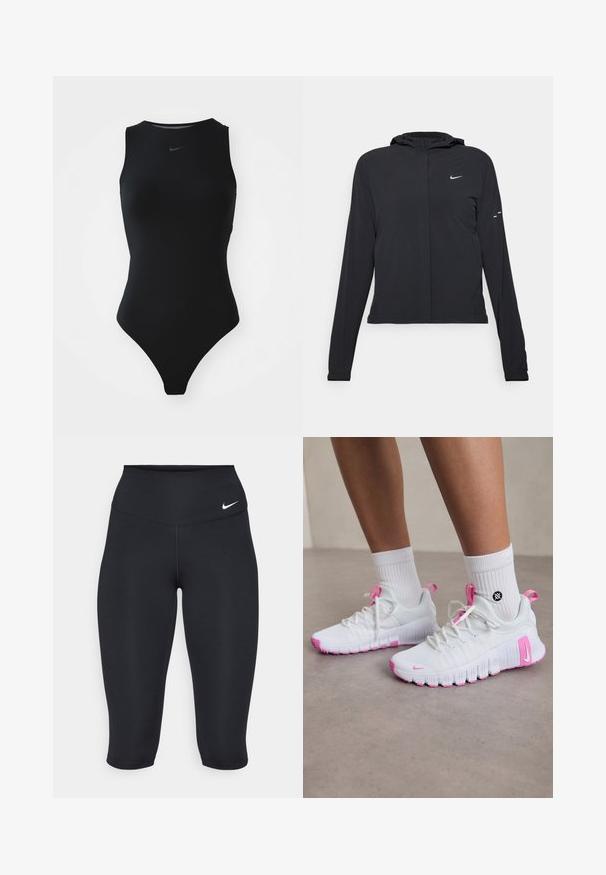 Black hooded jacket with long sleeves, made from lightweight material. Features a front zipper, a Nike logo, and subtle design accents.; Black sleeveless swimsuit featuring a high neckline, sleek design, and Nike logo at the chest. Made from smooth, stretchy fabric.; Nike black capri leggings feature a high waistband, smooth stretch fabric, and subtle logo detail on the front.; White athletic shoes with pink accents, streamlined design, textured mesh upper, and a flexible rubber sole. Features logo and pull tab.