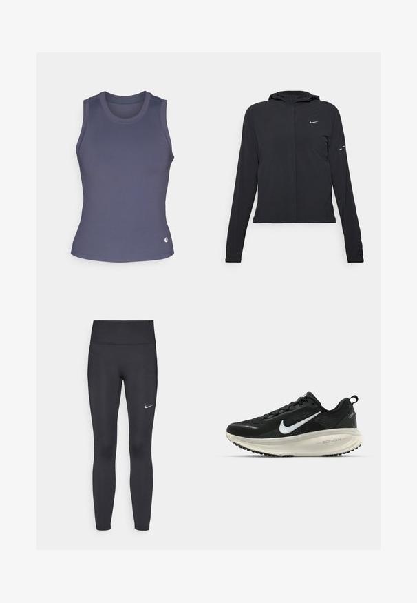 Svart hettegenser med lange ermer, laget av lett materiale. Har glidelås foran, Nike-logo og subtile design detaljer.; Sømløs tettsittende tank topp i mørk blå ribbestrikket stoff, med rund utringning og rund kant. Har en liten logo ved kanten.; Sorte leggings laget av elastisk stoff, med høy livlinje og en hvit Nike-logo på venstre lår. Glatt tekstur, kroppsnær passform.; Svart Nike løpesko med pustende mesh-overdel, hvit swoosh-logo, teksturert detaljer og en kremfarget ZoomX mellomsåle.