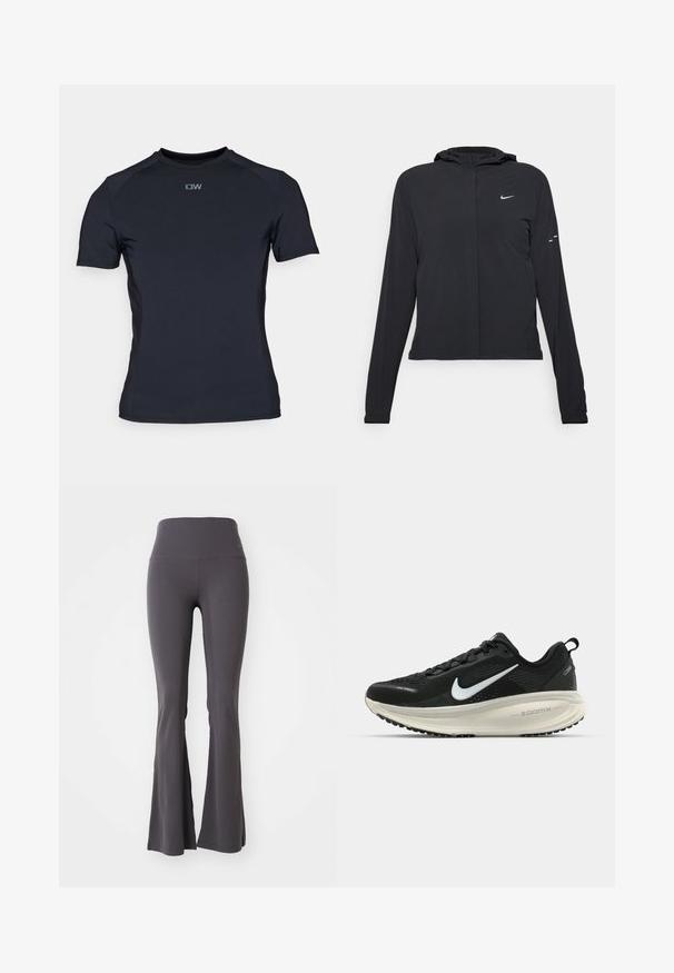 Casaco preto com capuz e mangas longas, feito de material leve. Apresenta um fecho dourado na frente, um logótipo da Nike e detalhes de design subtis.; ICANIWILL MIRAGE - T-shirt básica - black; Calças de yoga cinzas em forma de sino, feitas de um tecido elástico. Cintura alta e textura suave, apresentando um design ajustado até às bainhas largas.; Sapatilha de corrida Nike preta com parte superior de malha respirável, logotipo Swoosh branco, detalhes texturizados e uma entressola ZoomX na cor creme.