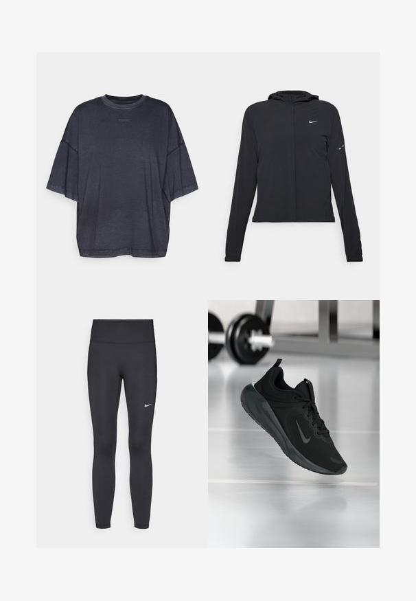 Melnā kapuci jaka ar garām piedurknēm, izgatavota no viegla materiāla. Tam ir priekšējais rāvējslēdzis, Nike logo un smalki dizaina akcenti.; Lielizmēra tumši pelēka T-kreklu, kas izgatavota no mīkstas auduma, ar apaļu kakla izgriezumu un nolaistām plecu šuvēm, nodrošinot brīvu piegriezumu.; Melnas legingi, izgatavoti no elastīga auduma, ar augstu jostu un baltu Nike logotipu kreisajā augšstilbā. Gluda tekstūra, piegulošs dizains.; Melnas sporta kedas ar Nike logo, rādot gaisā uz sporta zāles grīdas, ar izplūdušu hantelēm fona.