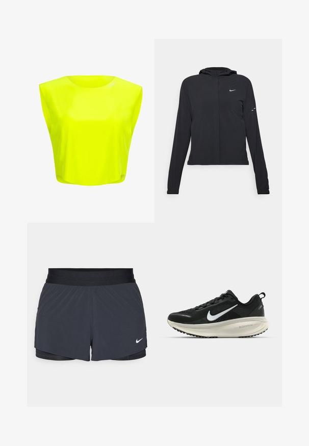 Čierna kapucňová bunda s dlhou rukávou, vyrobená z ľahkého materiálu. Má predný zips, logo Nike a jemné dizajnové akcenty.; Neón žltý crop top s okrúhlym výstrihom a krátkymi rukávmi. Vyrobený z hladkého, ľahkého materiálu s voľným strihom.; Čierne športové šortky s elastickým pásom, ktoré majú vrstvený dizajn a malú bielu aplikáciu loga Nike v dolnom ľavom rohu. Ľahký materiál.; Čierne bežecké topánky Nike s priedušnou sieťovinou, bielym logom s symbolom swoosh, textúrovanými detailmi a krémovou ZoomX medzipodrážkou.