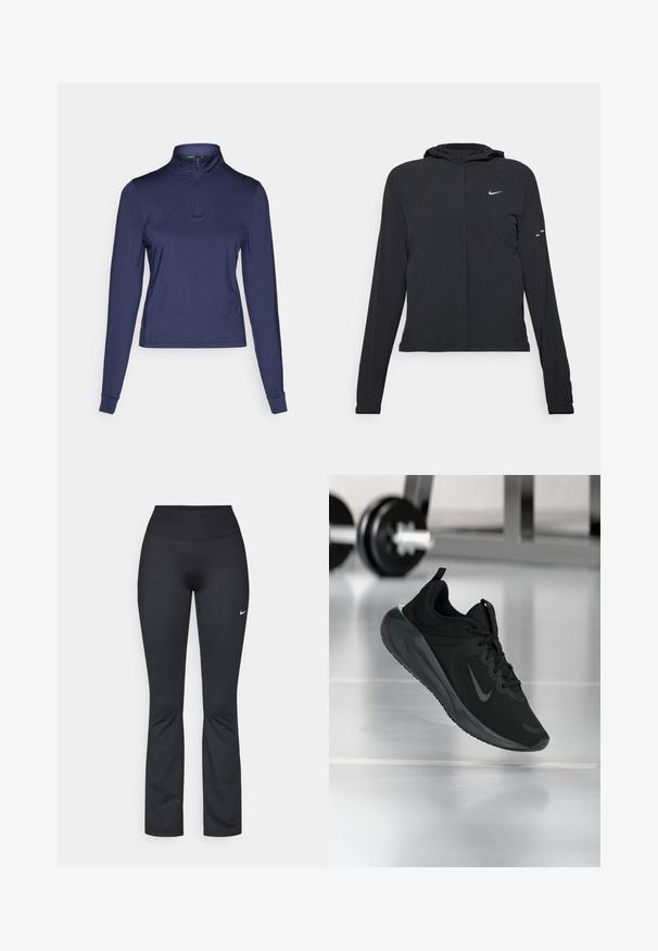 Zwarte kaptrui met lange mouwen, gemaakt van lichtgewicht materiaal. Voorzien van een ritssluiting aan de voorkant, een Nike-logo en subtiele ontwerpelementen.; Marineblauwe longsleeve quarter-zip top van gladde, rekbare stof; heeft een hoge kraag en aansluitende manchetten. Eenvoudig ontwerp met een klassieke silhouet.; Zwarte sportleggings met een hoge tailleband, gemaakt van glad, rekbaar materiaal. Voorzien van een klein wit Nike-logo op de linker dij.; Zwarte sportsneaker met Nike-logo, weergegeven in de lucht boven de gymvloer, met een vervaagde halterrek op de achtergrond.