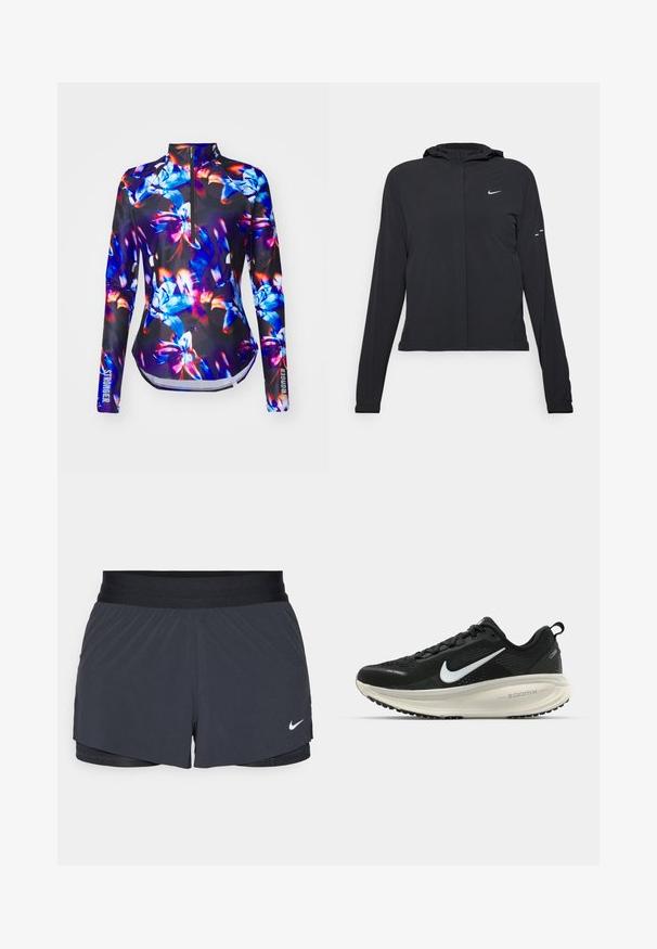 Svart hettegenser med lange ermer, laget av lett materiale. Har glidelås foran, Nike-logo og subtile design detaljer.; Stronger PACE HALF ZIP - Topper langermet - blue; Sorte treningshorts med elastisk midjebånd, med lagdelt design og liten hvit Nike-logo på nederste venstre side. Lett materiale.; Svart Nike løpesko med pustende mesh-overdel, hvit swoosh-logo, teksturert detaljer og en kremfarget ZoomX mellomsåle.