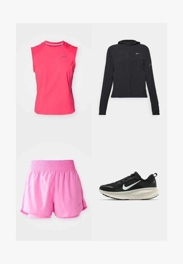 Zwarte kaptrui met lange mouwen, gemaakt van lichtgewicht materiaal. Voorzien van een ritssluiting aan de voorkant, een Nike-logo en subtiele ontwerpelementen.; Roze mouwloze sporttop gemaakt van zachte stof. Beschikt over een ronde halslijn en een grijze Nike-logo aan de bovenlinkerkant.; Roze atletische shorts met een smocktailageband, gemaakt van lichtgewicht stof. Heeft een grijs Nike-logo en een gelaagd ontwerp voor ademend vermogen.; Zwarte Nike hardloopschoen met ademend mesh bovenwerk, witte swoosh-logo, gestructureerde details en een crèmekleurige ZoomX middenzool.