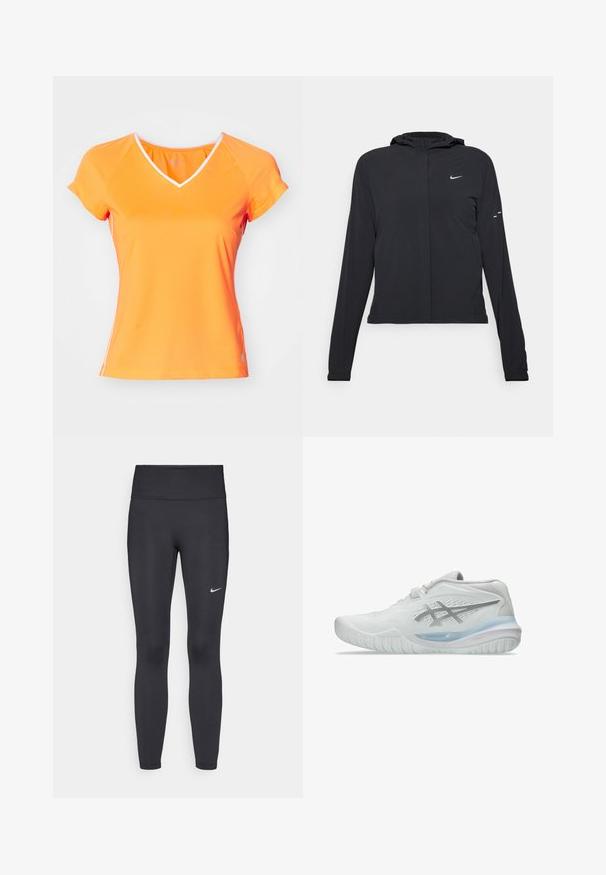 Casaco preto com capuz e mangas longas, feito de material leve. Apresenta um fecho dourado na frente, um logótipo da Nike e detalhes de design subtis.; T-shirt de manga curta em V na cor laranja brilhante, com acabamento branco e mangas raglan, fabricada em tecido leve e suave.; Leggings pretos feitos de tecido elástico, com uma cintura alta e um logo branco da Nike na coxa esquerda. Textura suave, design ajustado ao corpo.; Tênis atléticos brancos com um cabedal texturizado, apresentando uma sola azul translúcida e uma discreta marcação cinza na lateral. Bico arredondado e perfil baixo.