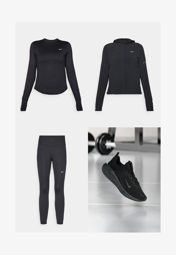 Must musta kapuutsiga jakk, millel on pikad varrukad ja mis on valmistatud kergetest materjalidest. Omab esitaskut, Nike logo ja kergelt silmatorkavaid disainiaktsente.; Must musta varrukatega spordipait, valminud siledast ja venivast materjalist. Omab ümarat lõppu ja väikest valget Nike logo rinna peal.; Mustad mustadest leggingid, mis on valmistatud venivast kangast, kõrge vöökoha ja valge Nike logo abil vasakul reiel. Sile tekstuur, keha järgiv disain.; Mustad mustang spordijalatsid Nike logo'ga, õhus spordisaali põrandal, häguste hantlite riiulitega taustal.