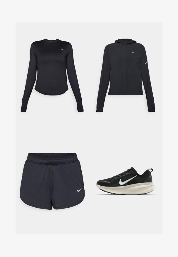 Črna kapuča s dolgimi rokavi, izdelana iz lahkega materiala. Ima sprednji zadrgo, logotip Nike in subtilne oblikovne detajle.; Črna dolga majica za šport z dolgimi rokavi, izdelana iz gladkega, raztegljivega materiala. Ima zaobljen rob in majhen bel Nike logotip na prsih.; Črne športne hlače iz lahkega, zračnega materiala. Imajo elastični pas in belo Nike logotip na spodnji desni strani.; Črne Nike tekaške čevlje z zračno mrežno zgornjim delom, belim logotipom Swoosh, teksturiranimi detajli in smetanasto barvnim srednjim delom ZoomX.