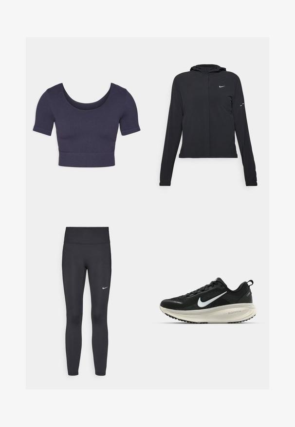 Čierna kapucňová bunda s dlhou rukávou, vyrobená z ľahkého materiálu. Má predný zips, logo Nike a jemné dizajnové akcenty.; Námornícky skrátený top s krátkymi rukávmi, vyrobený z rebrovanej tkaniny. Má zaoblený výstrih a priliehavý strih.; Čierne legíny z elastického materiálu, s vysokým pásom a bielym logom Nike na ľavom stehne. Hladká textúra, priliehavý dizajn.; Čierne bežecké topánky Nike s priedušnou sieťovinou, bielym logom s symbolom swoosh, textúrovanými detailmi a krémovou ZoomX medzipodrážkou.