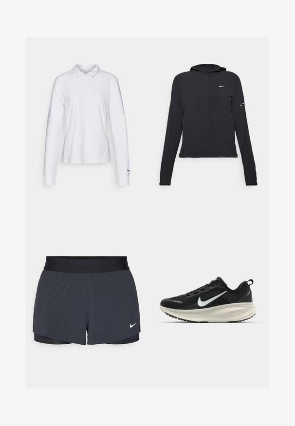 Casaco preto com capuz e mangas longas, feito de material leve. Apresenta um fecho dourado na frente, um logótipo da Nike e detalhes de design subtis.; Camisa polo de manga longa branca com gola, aba de botões e o logotipo Swoosh preto da Nike na manga esquerda. Tecido de algodão suave.; Calças curtas de atletismo pretas com um cós elástico, apresentando um design em camadas e um pequeno logótipo da Nike em branco no canto inferior esquerdo. Material leve.; Sapatilha de corrida Nike preta com parte superior de malha respirável, logotipo Swoosh branco, detalhes texturizados e uma entressola ZoomX na cor creme.