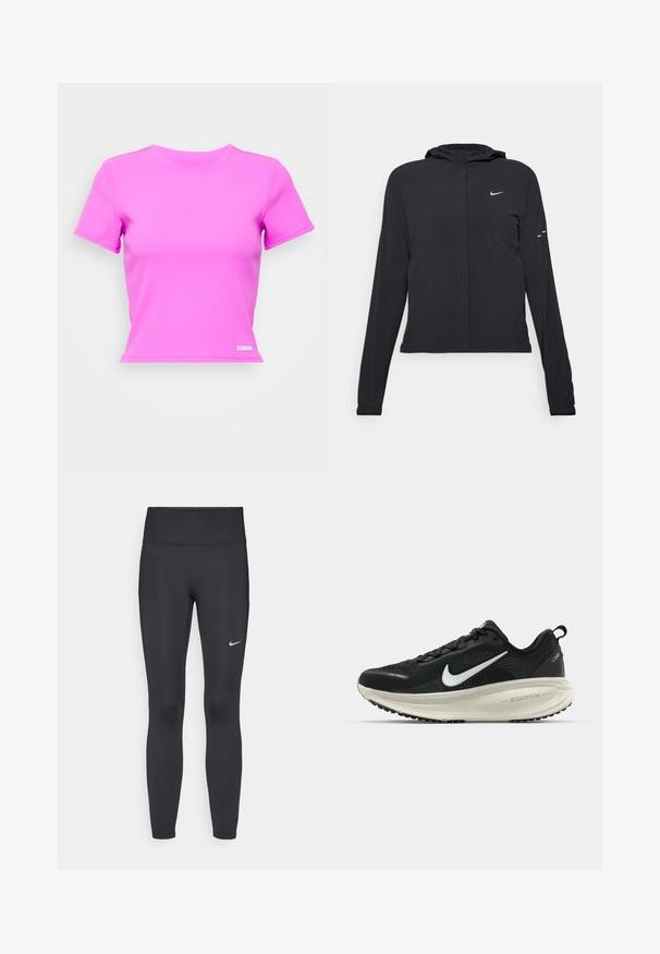 Svart hettegenser med lange ermer, laget av lett materiale. Har glidelås foran, Nike-logo og subtile design detaljer.; Stronger CROP TEE - T-shirts - magenta; Sorte leggings laget av elastisk stoff, med høy livlinje og en hvit Nike-logo på venstre lår. Glatt tekstur, kroppsnær passform.; Svart Nike løpesko med pustende mesh-overdel, hvit swoosh-logo, teksturert detaljer og en kremfarget ZoomX mellomsåle.