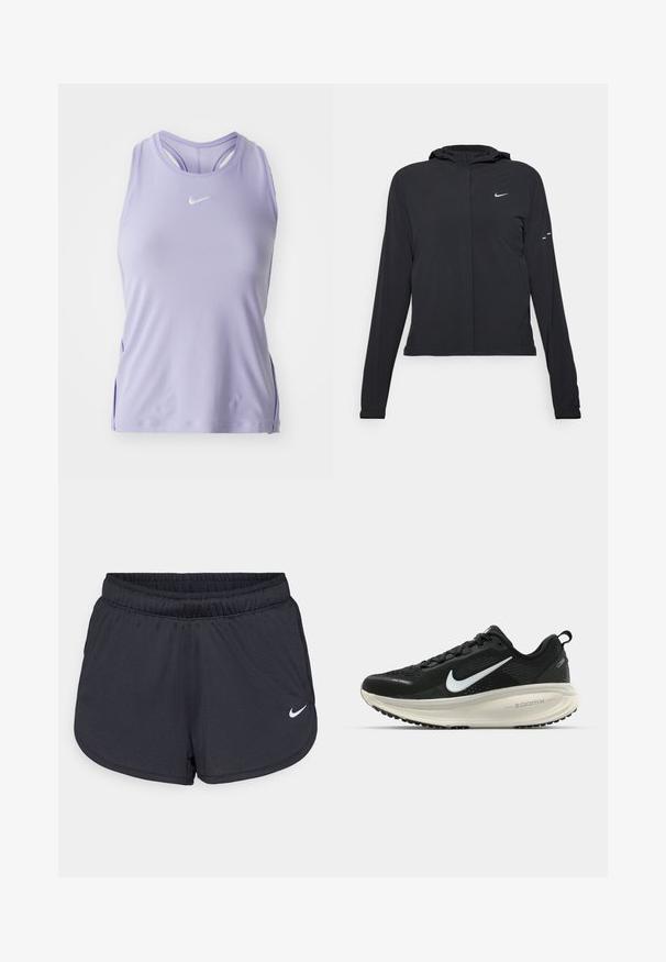 Črna kapuča s dolgimi rokavi, izdelana iz lahkega materiala. Ima sprednji zadrgo, logotip Nike in subtilne oblikovne detajle.; Svetlo vijoličasta športna majica brez rokavov z okroglim izrezom in zasnovo racerback. Ima majhen bel logo na prsih in bočne razporke. Gladka tekstura.; Črne športne hlače iz lahkega, zračnega materiala. Imajo elastični pas in belo Nike logotip na spodnji desni strani.; Črne Nike tekaške čevlje z zračno mrežno zgornjim delom, belim logotipom Swoosh, teksturiranimi detajli in smetanasto barvnim srednjim delom ZoomX.