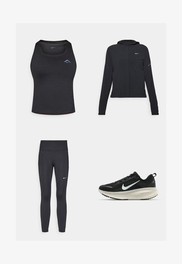 Sort hættetrøje med lange ærmer, lavet af letvægtsmateriale. Har en frontlynlås, et Nike-logo og subtile designaccenter.; Sort atletisk tanktop med rund udskæring, lavet af strækbart stof. Har et lille blåt logo på brystet og en tætsiddende pasform.; Sorte leggings lavet af strækbart stof, med en høj talje og et hvidt Nike-logo på venstre lår. Glat tekstur, tætsiddende design.; Sort Nike løbesko med åndbart mesh-overdel, hvidt swoosh-logo, tekstureret detaljering og en cremede ZoomX mellemsål.