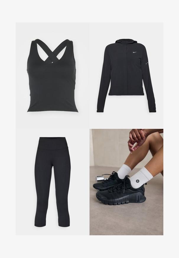 Casaco preto com capuz e mangas longas, feito de material leve. Apresenta um fecho dourado na frente, um logótipo da Nike e detalhes de design subtis.; Camisola preta sem mangas com decote redondo e alças cruzadas nas costas. Feita de um tecido suave, com um corte justo e sem adornos visíveis.; Leggings pretos cropped feitos de tecido elástico, apresentando uma cintura alta e uma textura suave, sem padrões ou acessórios visíveis.; Sapatilhas atléticas pretas com tecido texturizado, design com atacadores e uma sola proeminente, emparelhadas com meias brancas com nervuras e um pequeno logótipo.