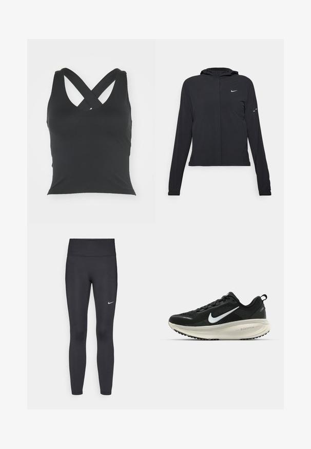 Juodas gobtuvas striukė su ilgomis rankovėmis, pagaminta iš lengvo audinio. Pasižymi priekiniais užtrauktukais, Nike logotipu ir subtiliais dizaino akcentais.; Juodas trumpas marškinėlis su apvalia iškirpte ir kryžminėmis petnešėlėmis nugaroje. Pagamintas iš glotnios medžiagos, su prigludusia siluetu ir be matomų dekoracijų.; Juodi leggingai iš elastingos medžiagos, turintys aukštą juosmenį ir baltą Nike logotipą kairėje šlaunyje. Lygus paviršius, prigludusi dizainas.; Juodas Nike sportinis batelis su kvėpuojančiu tinklu, baltu swoosh logotipu, tekstūruoto dizaino detalėmis ir grietinėlės spalvos ZoomX viduriu.