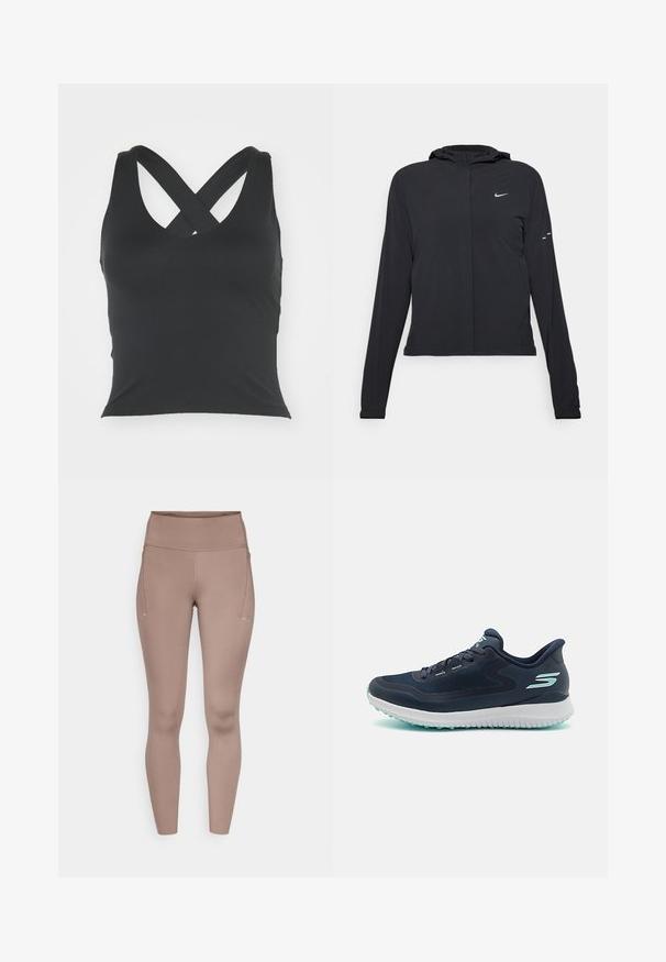Czarna kurtka z kapturem, z długimi rękawami, wykonana z lekkiego materiału. Posiada zamek błyskawiczny z przodu, logo Nike oraz subtelne akcenty wzornicze.; Czarny top na ramiączkach z okrągłym dekoltem i skrzyżowanymi paskami z tyłu. Wykonany z gładkiego materiału, o dopasowanym kroju i bez widocznych ozdób.; Brązowe legginsy z wysokim stanem o gładkiej fakturze, z bocznymi kieszeniami i małymi odblaskowymi akcentami z przodu.; Granatowy but do biegania z przewiewną cholewką z siateczki, białą podeszwą środkową i jasnoniebieskimi akcentami. Posiada teksturowaną podeszwę dla lepszej przyczepności.