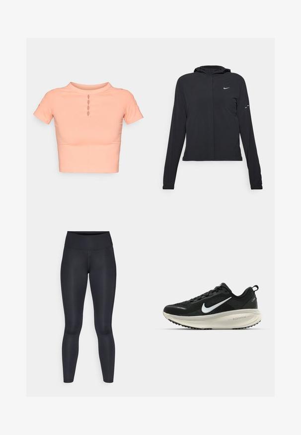 Mustassa hupparissa on pitkät hihat, ja se on valmistettu kevyestä materiaalista. Siinä on edessä vetoketju, Nike-logo ja hillityt muotoiluyksityiskohdat.; Lyhythihainen cropped-top pehmeästä persikka-kankaasta, jossa on korkea kaulus ja viisi leikattua aukkoa etuosassa. Silkkinen rakenne, tiukka muotoilu.; Mustat legginsit, jotka on valmistettu sileästä ja joustavasta kankaasta. Korkea vyötärö ilman näkyviä kuvioita tai tehosteita. Istuu tiiviisti vyötäröstä nilkkoihin.; Mustat Nike-juoksukengät, joissa on hengittävä verkko-osa, valkoinen swoosh-logo, teksturoitu yksityiskohtaus ja kermaisen värinen ZoomX-välipohja.