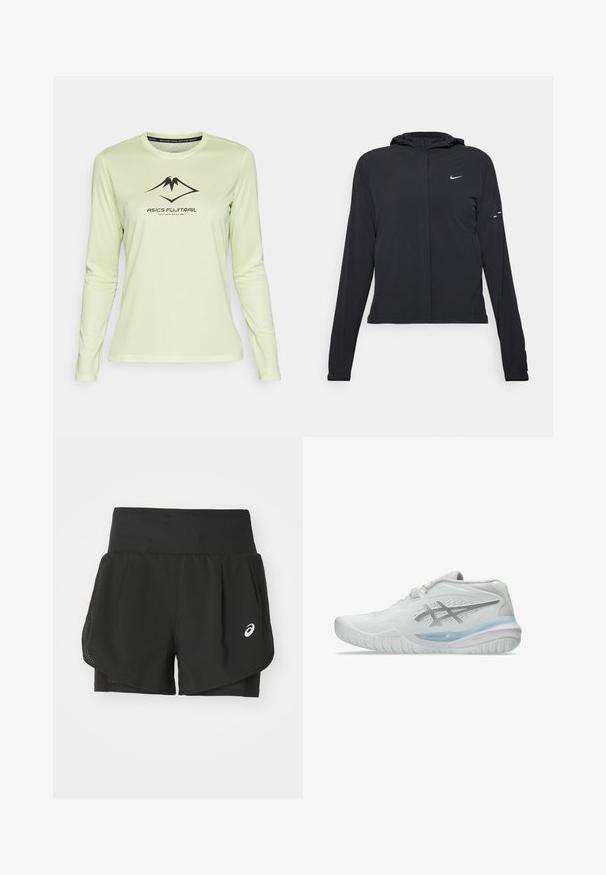 Zwarte kaptrui met lange mouwen, gemaakt van lichtgewicht materiaal. Voorzien van een ritssluiting aan de voorkant, een Nike-logo en subtiele ontwerpelementen.; Lichtgroen sportshirt met lange mouwen, gemaakt van vochtregulerende stof. Bevat een zwart ASICS-logo en een kleine bergafbeelding op de voorkant.; Zwarte sportshorts met een ademende mesh-overlay, binnenshorts met een soepele textuur en een wit logo aan de linkerkant.; Witte sport schoenen met een gestructureerde bovenkant, voorzien van een doorzichtige blauwe zool en subtiele grijze branding aan de zijkant. Ronde neus en een lage profiel.