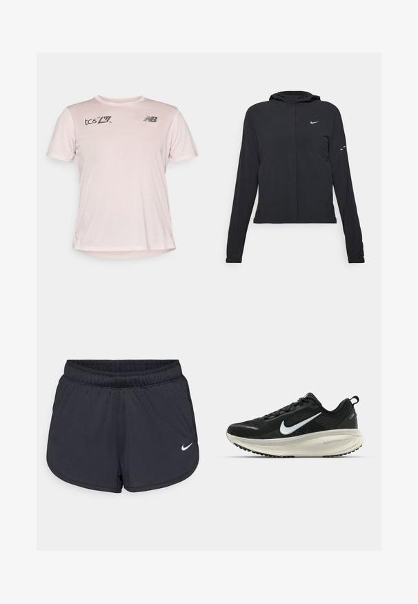 Casaco preto com capuz e mangas longas, feito de material leve. Apresenta um fecho dourado na frente, um logótipo da Nike e detalhes de design subtis.; T-shirt de desporto de manga curta, cor rosa claro, com um padrão em malha. Apresenta uma marcação preta no peito e um corte relaxado.; Calções atléticos pretos feitos de um tecido leve e respirável. Apresenta uma cintura elástica e o logótipo da Nike em branco no canto inferior direito.; Sapatilha de corrida Nike preta com parte superior de malha respirável, logotipo Swoosh branco, detalhes texturizados e uma entressola ZoomX na cor creme.