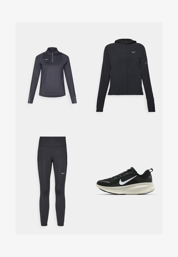 Casaco preto com capuz e mangas longas, feito de material leve. Apresenta um fecho dourado na frente, um logótipo da Nike e detalhes de design subtis.; Camisola atlética de manga longa e fecho zip em tecido cinza escuro com acabamento texturizado. Detalhes refletivos nos ombros e punhos para maior visibilidade.; Leggings pretos feitos de tecido elástico, com uma cintura alta e um logo branco da Nike na coxa esquerda. Textura suave, design ajustado ao corpo.; Sapatilha de corrida Nike preta com parte superior de malha respirável, logotipo Swoosh branco, detalhes texturizados e uma entressola ZoomX na cor creme.