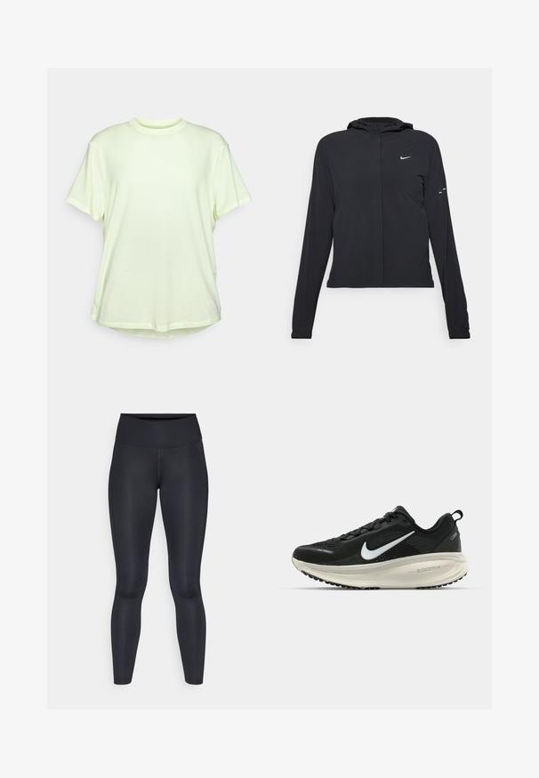 Sort hættetrøje med lange ærmer, lavet af letvægtsmateriale. Har en frontlynlås, et Nike-logo og subtile designaccenter.; Lys grøn kortærmet t-shirt med rund hals, afslappet pasform, blød tekstur og en let buet kant.; Sorte leggings lavet af glat, strækbart stof. Høj talje uden synlige mønstre eller accenter. Sidder tæt fra talje til ankler.; Sort Nike løbesko med åndbart mesh-overdel, hvidt swoosh-logo, tekstureret detaljering og en cremede ZoomX mellemsål.