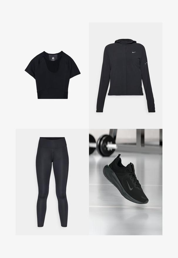 Casaco preto com capuz e mangas longas, feito de material leve. Apresenta um fecho dourado na frente, um logótipo da Nike e detalhes de design subtis.; Top desportivo preto, cropped, com mangas curtas, apresentando um decote redondo, detalhes em painéis texturizados e um design ajustado para um visual elegante.; Leggings pretas feitos de um tecido liso e elástico. Cintura alta sem padrões ou detalhes visíveis. Ajustam-se de forma justa da cintura até os tornozelos.; Sapatilha desportiva preta com o logotipo da Nike, mostrada em pleno ar sobre o chão do ginásio, com um suporte de halteres desfocado ao fundo.