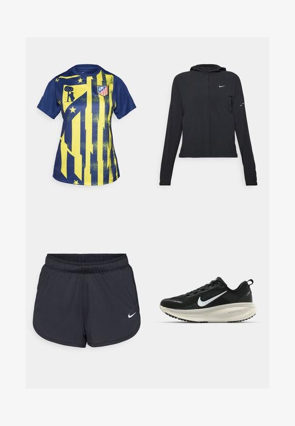 Giacca nera con cappuccio e maniche lunghe, realizzata in materiale leggero. Presenta una zip frontale, il logo Nike e accenti di design sottili.; Maglietta sportiva blu e gialla con un design grafico caratterizzato da strisce, stelle e un logo del club. Realizzata in materiale sintetico liscio.; Pantaloncini sportivi neri realizzati in tessuto leggero e traspirante. Caratterizzati da una vita elastica e dal logo Nike bianco sul lato inferiore destro.; Scarpa da corsa nera Nike con tomaia in rete traspirante, logo Swoosh bianco, dettagli testurizzati e intersuola ZoomX di colore crema.