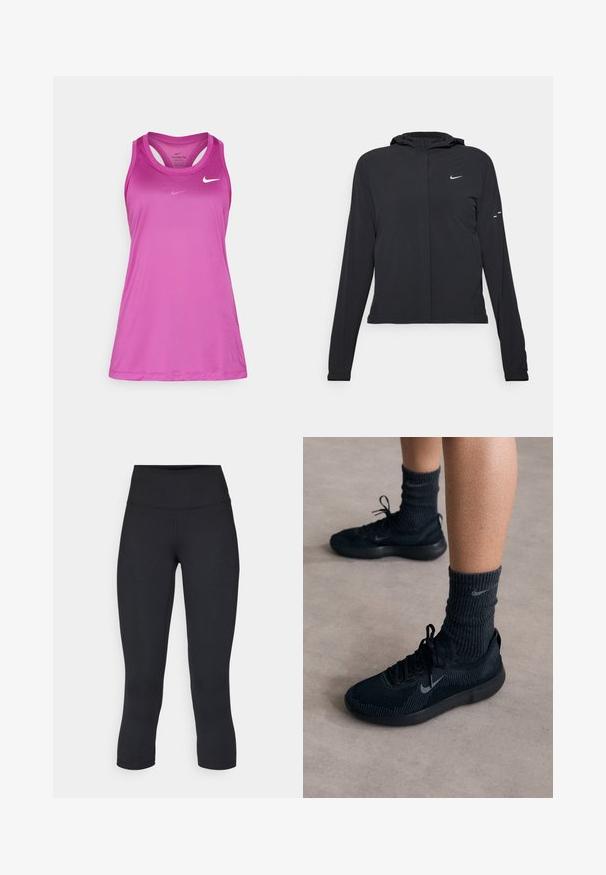 Zwarte kaptrui met lange mouwen, gemaakt van lichtgewicht materiaal. Voorzien van een ritssluiting aan de voorkant, een Nike-logo en subtiele ontwerpelementen.; Nike Performance TANK - Top - hot fuchsia; Zwarte cropped leggings van rekbaar materiaal, met een hoge tailleband en een gladde textuur, zonder zichtbare patronen of hardware.; Zwarte Nike-sneakers met een gestructureerde breisolen, voorzien van een grijze swoosh-logo, gedragen met donkere geribde sokken. Vlakke rubberen zool.