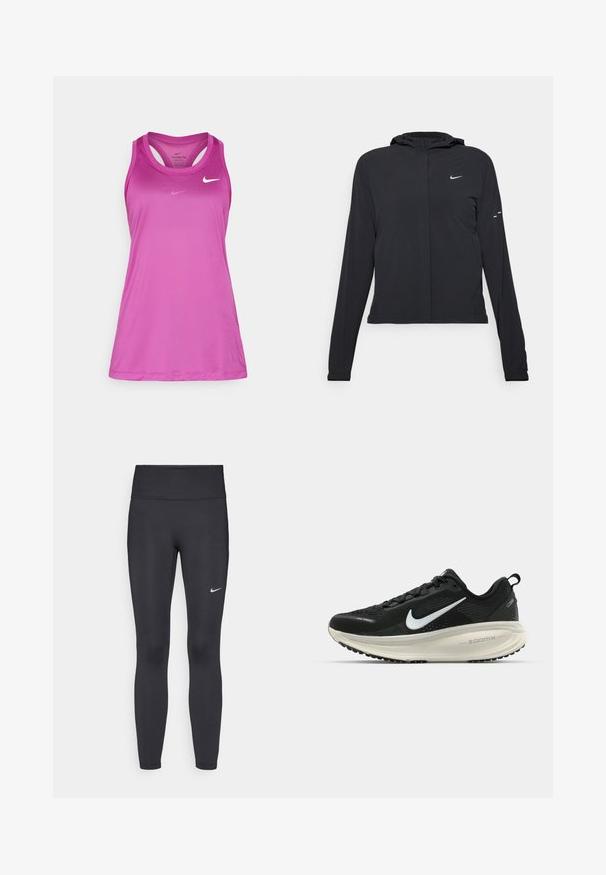 Chaqueta negra con capucha y mangas largas, hecha de un material ligero. Presenta un cierre frontal, un logo de Nike y acentos de diseño sutiles.; Nike Performance TANK - Top - hot fuchsia; Leggings negras de tela elástica, con una cintura alta y un logo blanco de Nike en el muslo izquierdo. Textura suave, diseño ajustado.; Zapatilla de running Nike negra con parte superior de malla transpirable, logo Swoosh blanco, detalles texturizados y una entresuela ZoomX de color crema.