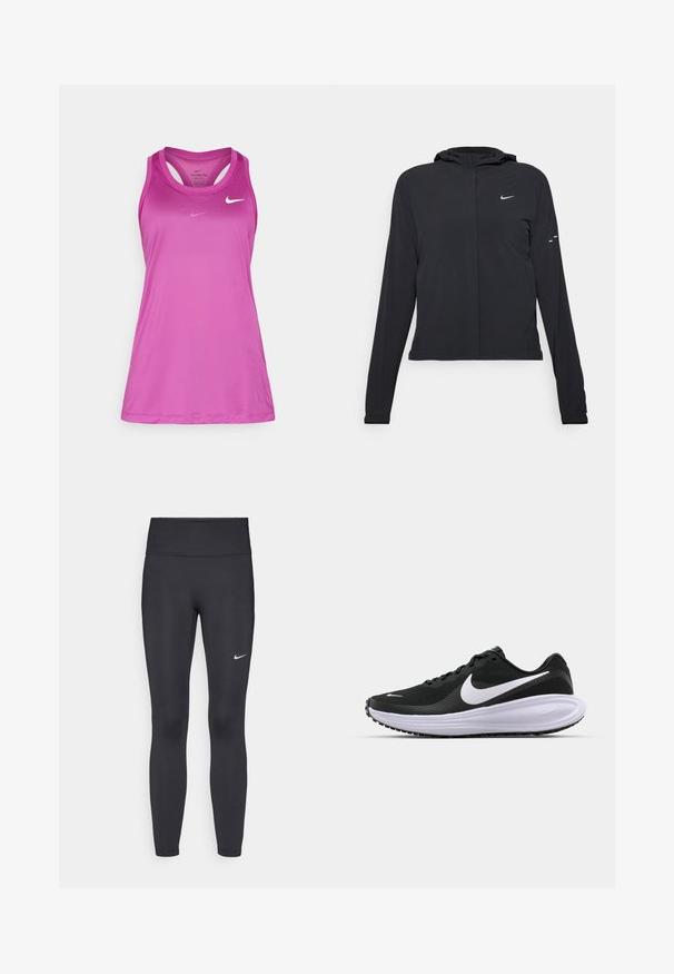 Černá kapucňová bunda s dlouhými rukávy, vyrobená z lehkého materiálu. Obsahuje přední zip, logo Nike a decentní designové akcenty.; Nike Performance TANK - Top - hot fuchsia; Černé legíny vyrobené z elastického materiálu, s vysokým pasem a bílým logem Nike na levém stehně. Hladká textura, přiléhavý střih.; Černá atletická bota s texturovaným síťovaným svrškem, bílým logem swoosh, polstrovaným límcem a silnou, odpruženou bílou mezipodešví. Gumová podešev.