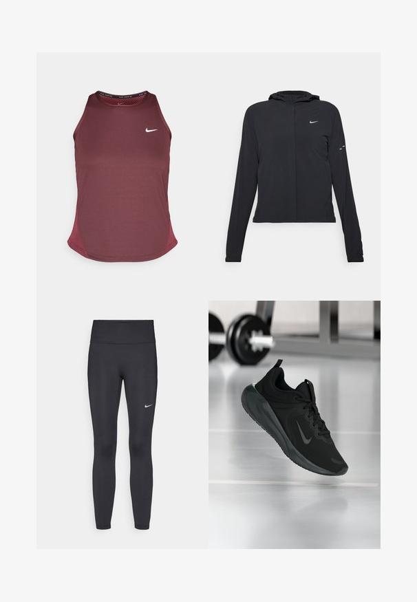 Casaco preto com capuz e mangas longas, feito de material leve. Apresenta um fecho dourado na frente, um logótipo da Nike e detalhes de design subtis.; Top de alças em bordeaux com decote redondo, design sem mangas, painéis laterais em malha respirável e um pequeno logótipo branco da Nike na frente.; Leggings pretos feitos de tecido elástico, com uma cintura alta e um logo branco da Nike na coxa esquerda. Textura suave, design ajustado ao corpo.; Sapatilha desportiva preta com o logotipo da Nike, mostrada em pleno ar sobre o chão do ginásio, com um suporte de halteres desfocado ao fundo.