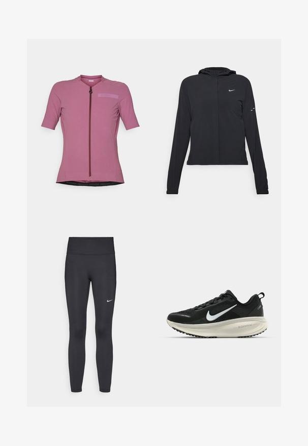 Casaco preto com capuz e mangas longas, feito de material leve. Apresenta um fecho dourado na frente, um logótipo da Nike e detalhes de design subtis.; Camisola de ciclismo de mangas curtas em rosa claro, com fecho frontal, tecido texturizado e um logótipo em um tom ligeiramente mais escuro.; Leggings pretos feitos de tecido elástico, com uma cintura alta e um logo branco da Nike na coxa esquerda. Textura suave, design ajustado ao corpo.; Sapatilha de corrida Nike preta com parte superior de malha respirável, logotipo Swoosh branco, detalhes texturizados e uma entressola ZoomX na cor creme.