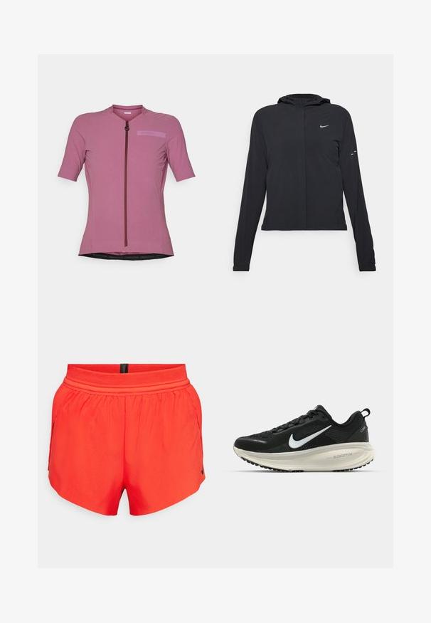 Chaqueta negra con capucha y mangas largas, hecha de un material ligero. Presenta un cierre frontal, un logo de Nike y acentos de diseño sutiles.; Jersey de ciclismo de manga corta en rosa claro, con cremallera frontal, tejido texturizado y parche de logo en un tono ligeramente más oscuro.; Pantalones cortos deportivos rojos hechos de tejido ligero con una cinturilla elástica, que cuentan con bolsillos laterales y un pequeño logo negro en el dobladillo.; Zapatilla de running Nike negra con parte superior de malla transpirable, logo Swoosh blanco, detalles texturizados y una entresuela ZoomX de color crema.