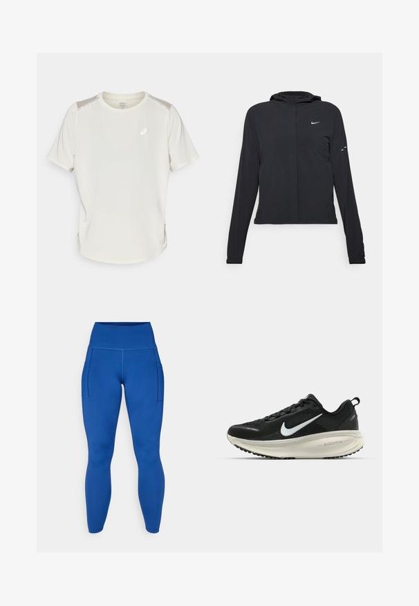 Casaco preto com capuz e mangas longas, feito de material leve. Apresenta um fecho dourado na frente, um logótipo da Nike e detalhes de design subtis.; Camiseta atlética de manga curta na cor creme, com decote redondo, detalhes em malha nos ombros e logótipo refletor na parte da frente.; Leggings azuis de cintura alta com tecido suave e elástico, apresentando bolsos laterais e costuras planas para maior conforto e estilo.; Sapatilha de corrida Nike preta com parte superior de malha respirável, logotipo Swoosh branco, detalhes texturizados e uma entressola ZoomX na cor creme.