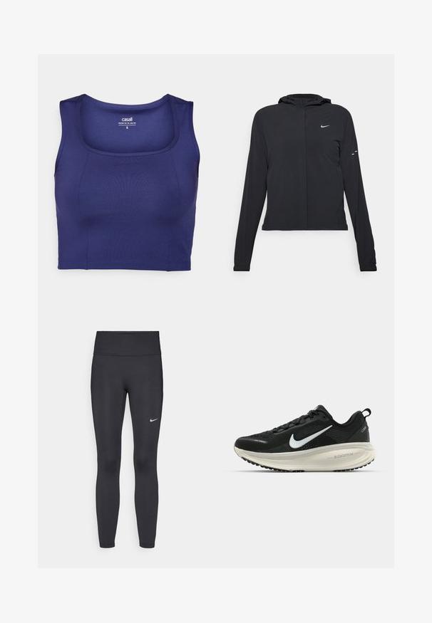 Veste à capuche noire avec des manches longues, fabriquée en matériau léger. Elle comporte une fermeture éclair à l'avant, un logo Nike et des accents de design subtils.; Crop top de sport bleu marine, fabriqué en tissu lisse et extensible. Il se caractérise par un décolleté arrondi et des bretelles larges, avec une silhouette ajustée et des coutures minimales.; Leggings noirs en tissu extensible, dotés d'une taille haute et d'un logo Nike blanc sur la cuisse gauche. Texture lisse, design ajusté.; Baskets de course noir Nike avec tige respirante en mesh, logo swoosh blanc, détails texturés et semelle intermédiaire ZoomX de couleur crème.