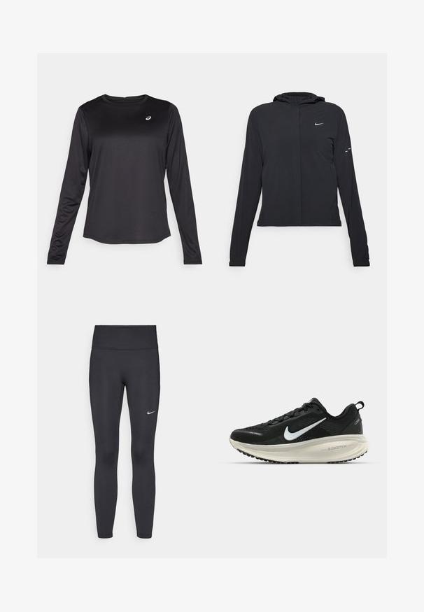 Svart hettegenser med lange ermer, laget av lett materiale. Har glidelås foran, Nike-logo og subtile design detaljer.; Svart langermet treningsskjorte laget av lett materiale. Har rund halslinning og en liten logo på brystet. Jevn tekstur.; Sorte leggings laget av elastisk stoff, med høy livlinje og en hvit Nike-logo på venstre lår. Glatt tekstur, kroppsnær passform.; Svart Nike løpesko med pustende mesh-overdel, hvit swoosh-logo, teksturert detaljer og en kremfarget ZoomX mellomsåle.