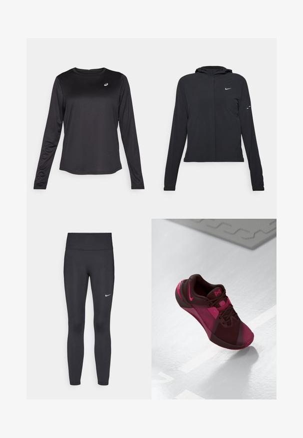Veste à capuche noire avec des manches longues, fabriquée en matériau léger. Elle comporte une fermeture éclair à l'avant, un logo Nike et des accents de design subtils.; T-shirt d'entraînement à manches longues noir en tissu léger. Présente un col rond et un petit logo sur la poitrine. Texture lisse.; Leggings noirs en tissu extensible, dotés d'une taille haute et d'un logo Nike blanc sur la cuisse gauche. Texture lisse, design ajusté.; Chaussure de sport bordeaux foncé avec des accents roses. Dotée d'un dessus en maille, d'un bout arrondi et d'une semelle texturée. Lacets et logo bien en évidence.
