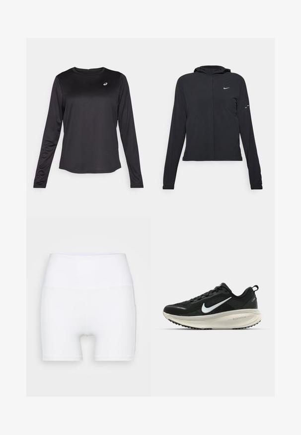 Black hooded jacket with long sleeves, made from lightweight material. Features a front zipper, a Nike logo, and subtle design accents.; Black long-sleeve athletic shirt made of lightweight fabric. Features a round neckline and a small logo on the chest. Smooth texture.; White high-waisted shorts made from stretch fabric. Features a smooth texture and fitted design, with no additional patterns or hardware.; Black Nike running shoe with breathable mesh upper, white swoosh logo, textured detailing, and a cream-colored ZoomX midsole.