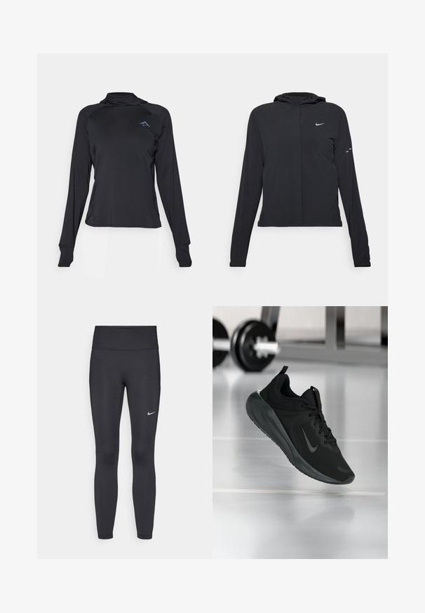 Black hooded jacket with long sleeves, made from lightweight material. Features a front zipper, a Nike logo, and subtle design accents.; Black long-sleeve athletic top with a high collar, made of smooth fabric featuring a small blue logo on the chest and thumbholes in cuffs.; Black leggings made of stretchy fabric, featuring a high waistband and a white Nike logo on the left thigh. Smooth texture, form-fitting design.; Black sports sneaker with Nike logo, shown mid-air on gym floor, with blurred dumbbell rack in background.