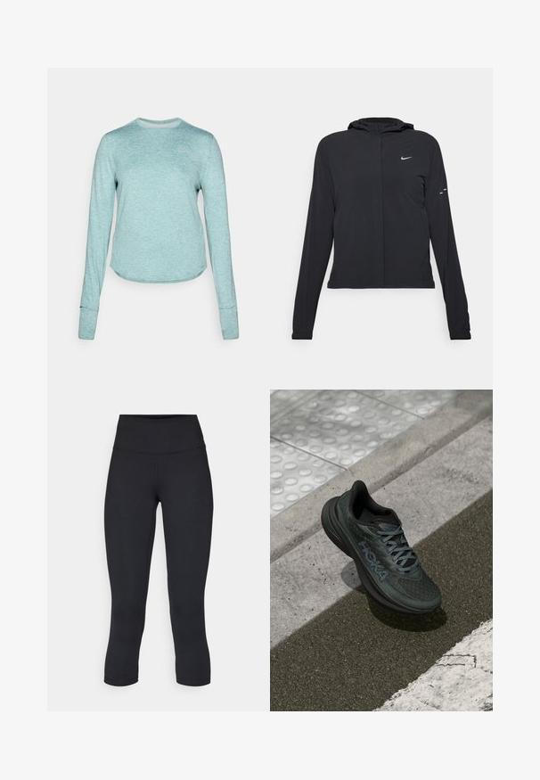 Chaqueta negra con capucha y mangas largas, hecha de un material ligero. Presenta un cierre frontal, un logo de Nike y acentos de diseño sutiles.; Camiseta deportiva de manga larga, de un teal claro. Fabricada con un tejido texturizado que absorbe la humedad, con un dobladillo redondeado y orificios para los pulgares en las mangas.; Leggings negros cortos hechos de tela elástica, con una cintura alta y una textura suave, sin patrones o herrajes visibles.; Zapatilla de correr negra con parte superior de malla, acentos texturizados y logotipo, que presenta una suela acolchada y cordones grises, situada sobre el pavimento.
