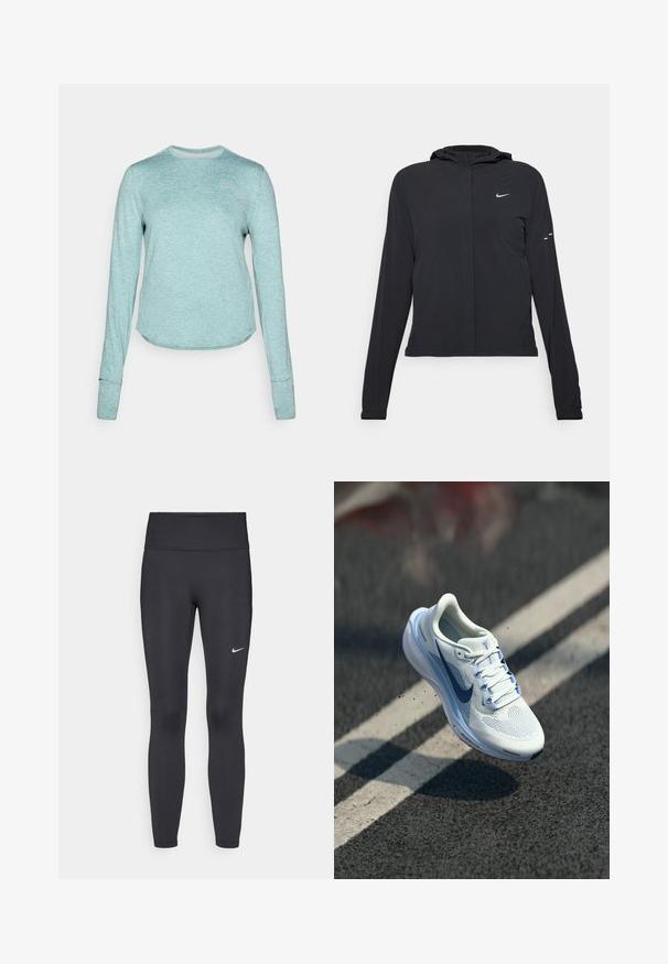 Schwarze Kapuzenjacke mit langen Ärmeln, aus leichtem Material gefertigt. Sie hat einen vorderen Reißverschluss, ein Nike-Logo und dezente Designelemente.; Langärmliges, helltürkisfarbiges Sportshirt. Hergestellt aus strukturiertem, feuchtigkeitsableitendem Stoff mit abgerundetem Saum und Daumenlöchern an den Ärmeln.; Schwarze Leggings aus elastischem Stoff, mit einem hohen Bund und einem weißen Nike-Logo auf dem linken Oberschenkel. Glatte Textur, figurbetontes Design.; Weißer Sportschuh mit atmungsaktivem Mesh-Obermaterial und blauen Akzenten. Verfügt über eine gepolsterte Sohle und flache Schnürsenkel. Die Zwischensohle zeigt das Branding "Air Zoom".