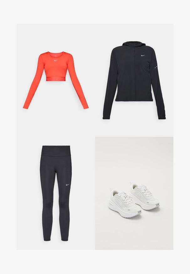 Must musta kapuutsiga jakk, millel on pikad varrukad ja mis on valmistatud kergetest materjalidest. Omab esitaskut, Nike logo ja kergelt silmatorkavaid disainiaktsente.; Punane pikavarrukatega lühike sportlik topp, mis on valmistatud venivast kangast, ümmarguse kaelusega ning bränditud elastse põletikuäärisega, kus on peene kujundusega kirjas "NIKE PRO".; Mustad mustadest leggingid, mis on valmistatud venivast kangast, kõrge vöökoha ja valge Nike logo abil vasakul reiel. Sile tekstuur, keha järgiv disain.; Valged spordijalatsid, millel on tekstureeritud võrkkangas üst, pehme tallaga ja peened hallid aktsendid. Kaasas bränding ja aasaga kannaaken mugavaks selga panemiseks.