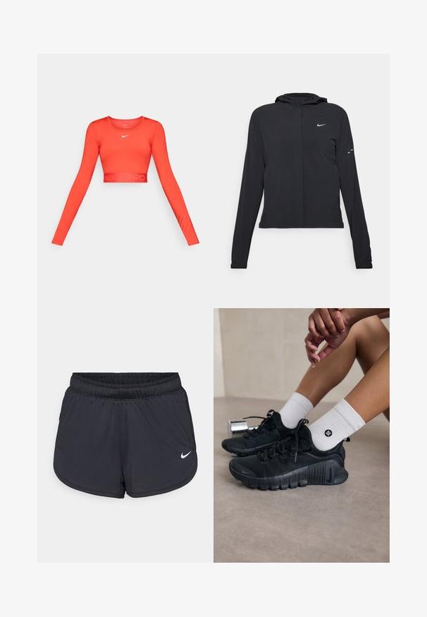 Crna jakna s kapuljačom i dugim rukavima, izrađena od laganog materijala. Ima prednji patentni zatvarač, Nike logo i suptilne dizajnerske detalje.; Crvena kratka sportska majica dugih rukava napravljena od rastezljivog materijala, s okruglim izrezom i elastičnim rubom s brendom "NIKE PRO" u suptilnom dizajnu.; Crne sportske kratke hlače s elastičnim pojasom, sportski dizajn i bijeli Nike logo na donjem prednjem dijelu. Teksturirani materijal.; Crne atletske tenisice s teksturiranim materijalom, vezivanjem i istaknutim potplatom, u kombinaciji s bijelim rebrastim čarapama koje imaju mali logo.