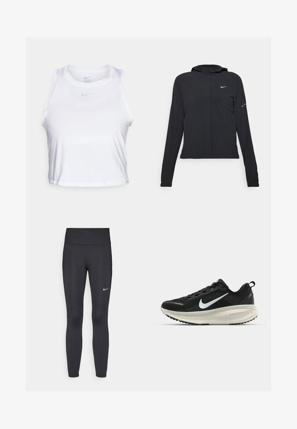 Svart hettegenser med lange ermer, laget av lett materiale. Har glidelås foran, Nike-logo og subtile design detaljer.; Hvit ermeløs crop top laget av glatt Dri-FIT-stoff. Har en liten grå Nike-logo på brystet og rund halslinning.; Sorte leggings laget av elastisk stoff, med høy livlinje og en hvit Nike-logo på venstre lår. Glatt tekstur, kroppsnær passform.; Svart Nike løpesko med pustende mesh-overdel, hvit swoosh-logo, teksturert detaljer og en kremfarget ZoomX mellomsåle.