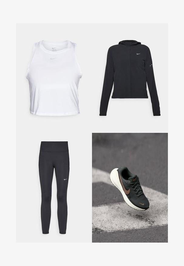Svart hettegenser med lange ermer, laget av lett materiale. Har glidelås foran, Nike-logo og subtile design detaljer.; Hvit ermeløs crop top laget av glatt Dri-FIT-stoff. Har en liten grå Nike-logo på brystet og rund halslinning.; Sorte leggings laget av elastisk stoff, med høy livlinje og en hvit Nike-logo på venstre lår. Glatt tekstur, kroppsnær passform.; Svart netting joggesko med en teksturert overdel, en brun Nike swoosh, og en hvit polstret såle, svevende over en grå overflate.