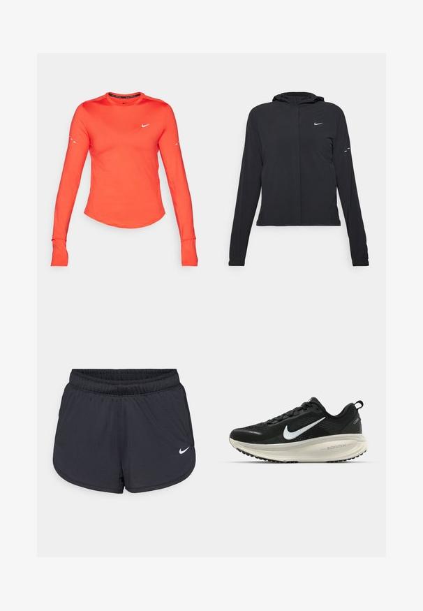 Svart hettegenser med lange ermer, laget av lett materiale. Har glidelås foran, Nike-logo og subtile design detaljer.; Langermet treningsskjorte, lys orange stoff, rund halslinning, hvit Nike-logo på brystet, tommelhull i mansjettene, strømlinjeformet passform, jevn tekstur.; Sorte atletiske shorts med elastisk midjebånd, med et sporty design og en hvit Nike-logo på nedre front. Teksturert stoff.; Svart Nike løpesko med pustende mesh-overdel, hvit swoosh-logo, teksturert detaljer og en kremfarget ZoomX mellomsåle.
