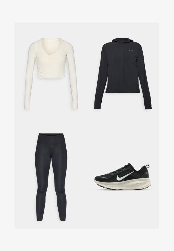 Svart huva jacka med långa ärmar, gjord av lätt material. Har en framdragare, en Nike-logotyp och subtila designelement.; Långärmad, krämfärgad crop top med v-ringning och samlad sidodetailj, tillverkad av stretchigt tyg för en figurnära look.; Svarta leggings gjorda av ett smidigt, elastiskt tyg. Hög midja utan synliga mönster eller detaljer. Sitter tätt från midjan till anklarna.; Svart Nike löparsko med andningsbart mesh-ovandel, vit swoosh-logotyp, texturerad detaljering och en krämfärgad ZoomX-mellansula.