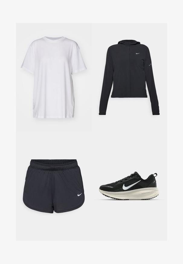 Chaqueta negra con capucha y mangas largas, hecha de un material ligero. Presenta un cierre frontal, un logo de Nike y acentos de diseño sutiles.; Camiseta blanca de gran tamaño hecha de algodón, con cuello redondo, mangas cortas y aberturas laterales para un ajuste relajado. Textura suave.; Pantalones cortos deportivos negros con una cintura elástica, presentan un diseño deportivo y un logo blanco de Nike en la parte inferior del frente. Tejido texturizado.; Zapatilla de running Nike negra con parte superior de malla transpirable, logo Swoosh blanco, detalles texturizados y una entresuela ZoomX de color crema.