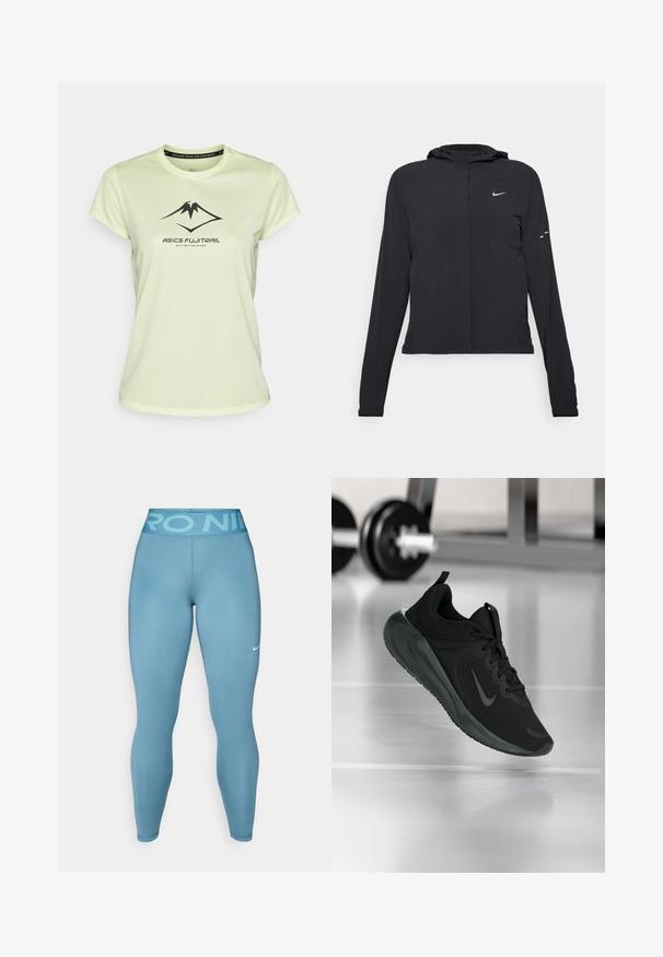 Čierna kapucňová bunda s dlhou rukávou, vyrobená z ľahkého materiálu. Má predný zips, logo Nike a jemné dizajnové akcenty.; ASICS FUJITRAIL LOGO TOP - Tričko s potlačou - cool matcha; Svetlomodré športové legíny s hladkou textúrou a vysokým pásom, na ktorom je nápis "PRO NIKE". Obsahujú malé biele logo Nike.; Čierne športové tenisky s logom Nike, zobrazené vo vzduchu na podlahe telocvične, s rozmazaným regálom činkami v pozadí.