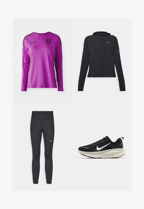 Svart hettegenser med lange ermer, laget av lett materiale. Har glidelås foran, Nike-logo og subtile design detaljer.; Lilla langermet sportsskjorte laget av glatt stoff, med svarte detaljer og England-emblemet på venstre bryst. Nike-logo på fronten.; Sorte leggings laget av elastisk stoff, med høy livlinje og en hvit Nike-logo på venstre lår. Glatt tekstur, kroppsnær passform.; Svart Nike løpesko med pustende mesh-overdel, hvit swoosh-logo, teksturert detaljer og en kremfarget ZoomX mellomsåle.