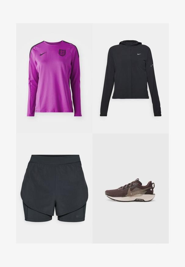 Juodas gobtuvas striukė su ilgomis rankovėmis, pagaminta iš lengvo audinio. Pasižymi priekiniais užtrauktukais, Nike logotipu ir subtiliais dizaino akcentais.; Ilgas purpurinės spalvos sportinis marškinėlis su ilgomis rankovėmis, pagamintas iš lygaus audinio, su juodomis detalėmis ir Anglijos emblemą ant kairiojo krūtinės. Nike logotipas priekyje.; Juodi sportiniai šortai su sluoksniuota konstrukcija, turintys sklandų išorinį sluoksnį ir prigludusius vidinius šortus. Pagaminti iš lengvos, tamprios medžiagos.; Tamsiai ruda bėgimo avalynė su tekstūruotu megzto audinio viršumi, kontrastingomis šviesiai rudos spalvos detalėmis, segmentuota padu ir atspindinčiomis detalėmis.